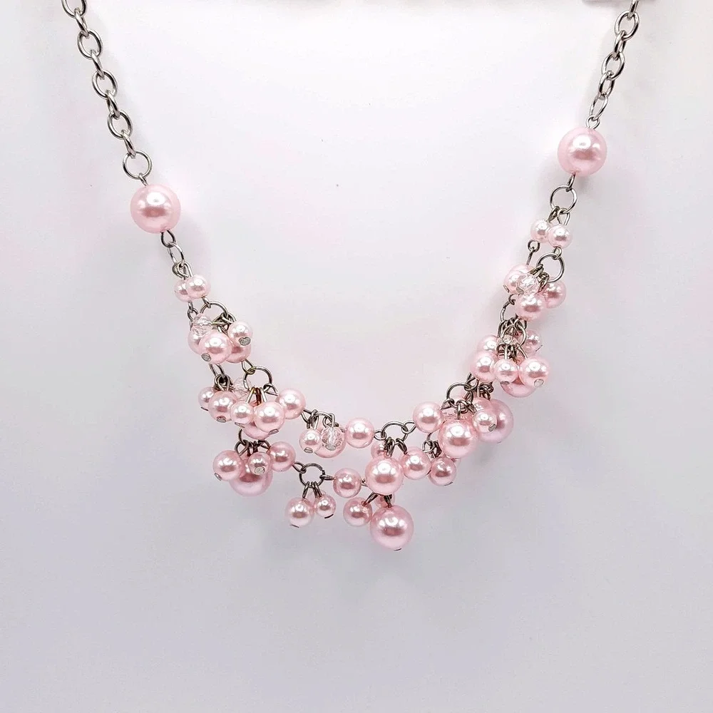 Pink Faux Pearl Cluster Bib Necklace Silver